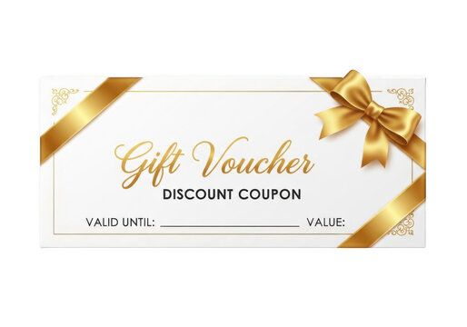 White gift voucher with gold ribbon bow, decorative corner filigree, and text fields for discount coupon value and expiration date