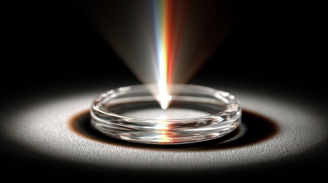 Transparent circular object refracts bright beam of light into visible spectrum colors