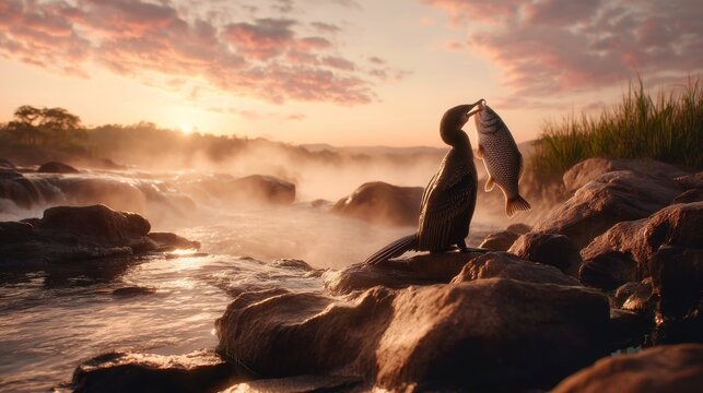 Dark water bird successfully captures a large fish near a misty river during golden hour
