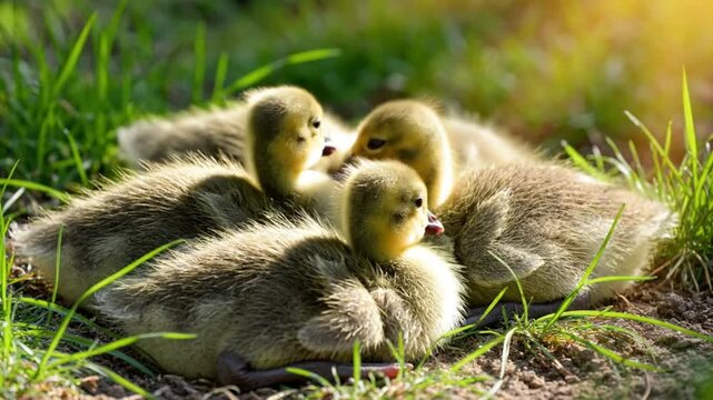 Cute goslings huddled together in green grass, enjoying a warm sunny day on the ground