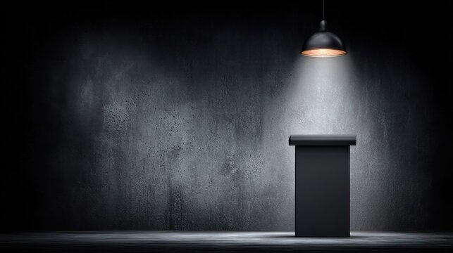 Simple black podium stands centered beneath a spotlight against a textured dark wall