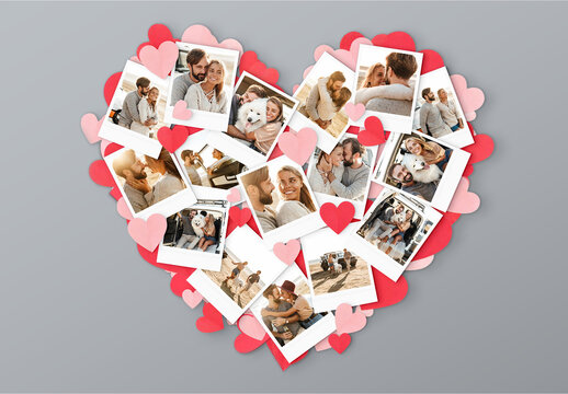 Love Heart Photo Collage Template, Wedding Memory Board & Valentines Day Polaroid Photo Mockup