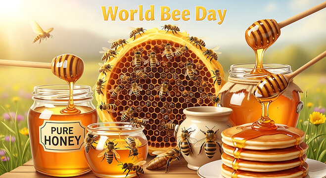 World Bee Day Celebration with Honey Bees, Natural Honeycomb, Jars of Pure Honey, and Sweet Pancakes