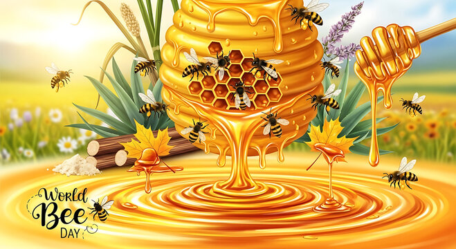 World Bee Day Celebration with Honey Bees, Natural Honeycomb, Jars of Pure Honey, and Sweet Pancakes