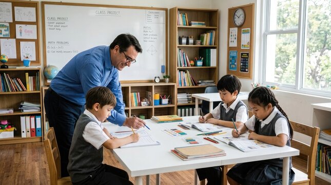 Elementary school classroom teacher assisting students with math problems