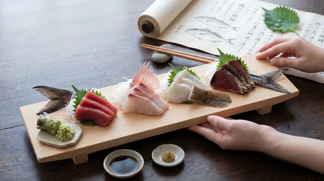 Sashimi no Hajime &ndash; The Muromachi Samurai Origin of Sashimi, with Sugata-zukuri Identification Fins, Edomae Tokyo Bay Fish, Real Grated Wasabi Root, and an Ancient Japanese Culinary Scroll Setting