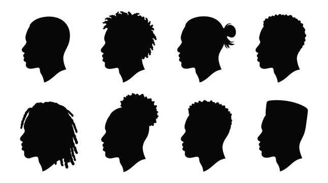 Set of diverse male head silhouettes showing various hairstyles in a clean flat vector art style