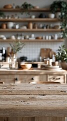 Fototapeta premium Cozy Rustic Kitchen Interior with Wooden Accents, Open Shelving, and Abundant Natural Light