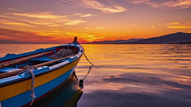 Tranquil view of a colorful boat floating peacefully on the water at sunset with a beautiful sky