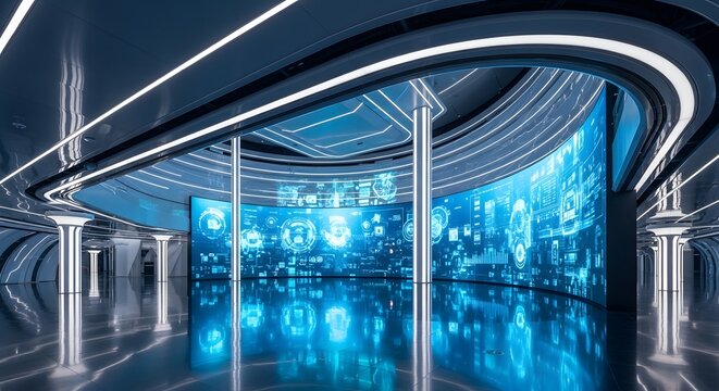 Futuristic room with a large blue screen and sleek metallic interior design elements
