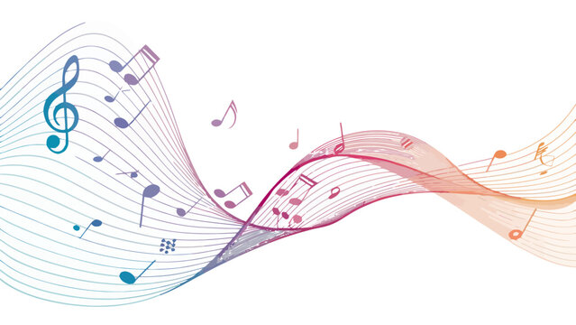 Elegant music artwork with flowing lines and colorful musical notes on white background