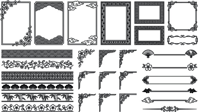 Traditional Japanese borders and frames vector set with oriental line art decoration cherry blossom sakura patterns and vintage asian corner ornaments