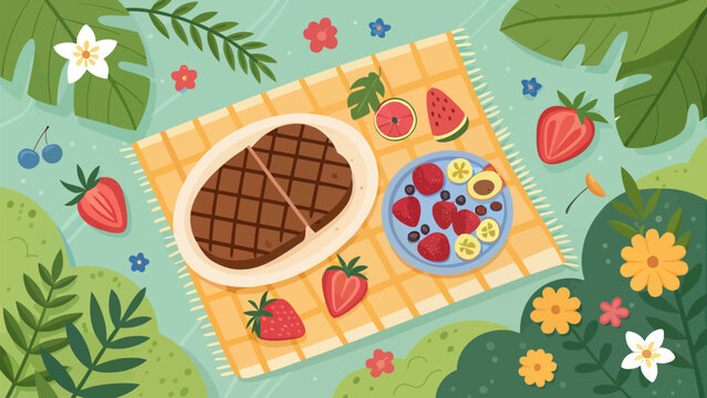 Delicious outdoor picnic setup with chocolate cake and fresh fruits on a colorful mat