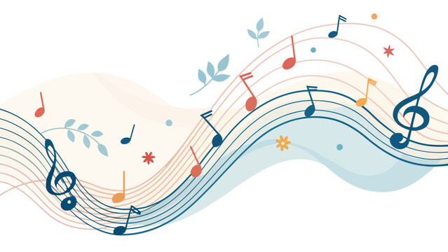 Vibrant musical notes and flowers wave design with colorful melody lines and symbols on white background