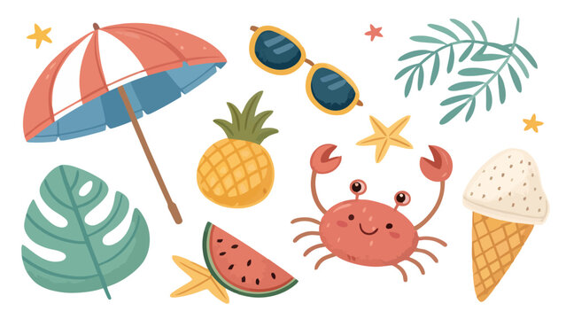 Colorful summer holiday doodle collection with beach items tropical fruits and sunglasses on white background