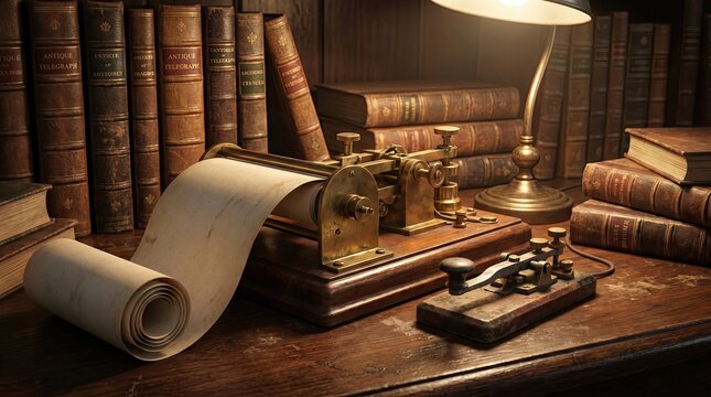 Telegraph machine for sending messages on wooden desk, antique books stacked nearby brass, communication equipment hardware, vintage office study room interior paper scroll lamp wood light tape.