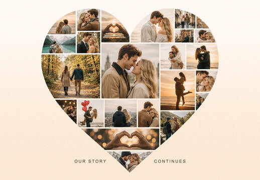 Love Heart Photo Collage Template, Memory Board Poster For Wedding, Anniversary, Valentine Photos