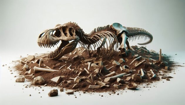 A fossilized Tyrannosaurus Rex skeleton in soil, against a white background
