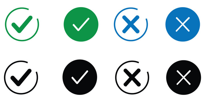 check mark icon button set. check box icon with right and wrong buttons and yes or no checkmark icons in green tick box and blue and black cross. vector 