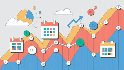 Naklejka premium Vector business forecasting illustration with charts and growth symbols on colorful wavy background