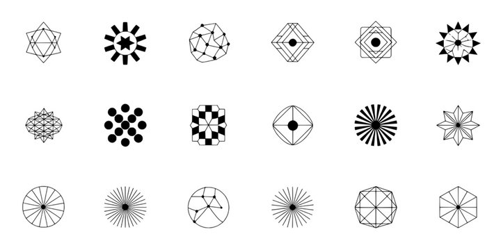 Geometric polygon logo set with thin-line starburst icons, circular rosette patterns, and tessellated hexagon frames