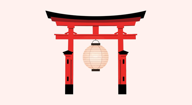 Japanese Torii Gate with Traditional Hanging Lantern Illustration