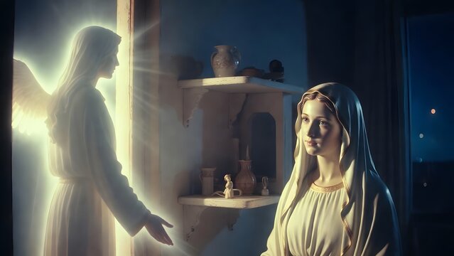 The Virgin Mary receiving an angelic message of hope as the main subject, Mary beside a small shelf of simple household items inside a peaceful night home, suggesting faithfulness in ordinary life bef