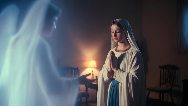 The Virgin Mary hearing a sacred message of hope from an angel as the main subject, the peaceful home at night carrying a subtle sense that morning is approaching and grace has begun, pale pre-dawn am