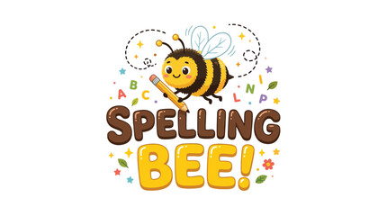 Fototapeta premium Cute cartoon bee holding a pencil next to colorful letters for a fun spelling bee competition