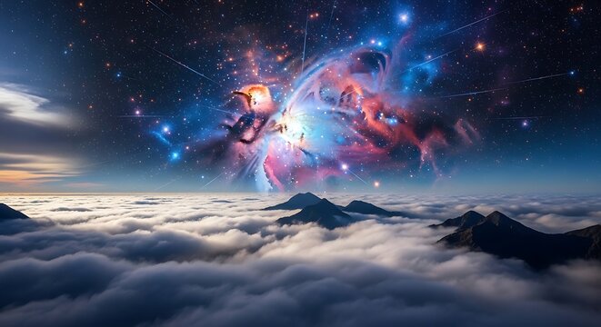 Cosmic cloudscape with mountains below and celestial display in the sky
