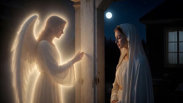 An angel sharing a hopeful sacred message with the Virgin Mary as the main subject, Mary standing near a simple doorpost inside a peaceful home at night, making the home itself feel marked by blessing