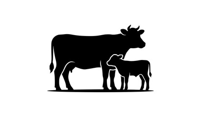 Minimal cow and calf silhouette vector illustration farm animals black and white icon set isolated on white background © Md Humaun