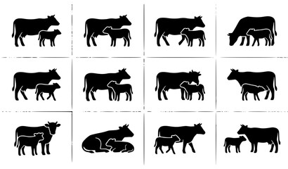 Black and white cow and baby calf vector silhouette icon set isolated minimal farm animal illustration collection © Md Humaun