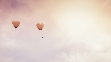 Obraz premium Two heart shaped balloons floating serenely against a soft, pastel sky, symbolizing love and romance.