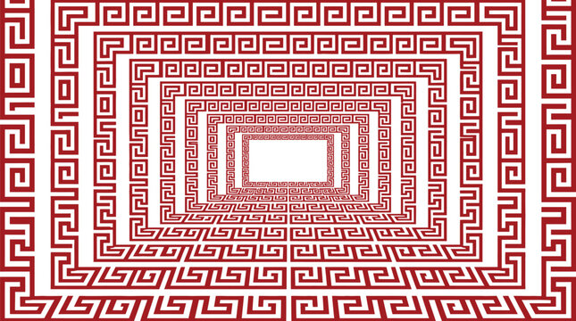 Abstract red and white greek key meander pattern featuring a repeating square tunnel optical illusion