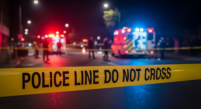 Police line do not cross yellow tape at night crime scene