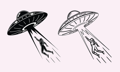 Silhouette and line art illustration of a retro UFO flying saucer abducting a person with a light beam, vector graphic concept. © Nasima