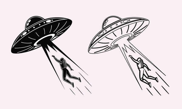 Silhouette and line art illustration of a retro UFO flying saucer abducting a person with a light beam, vector graphic concept.