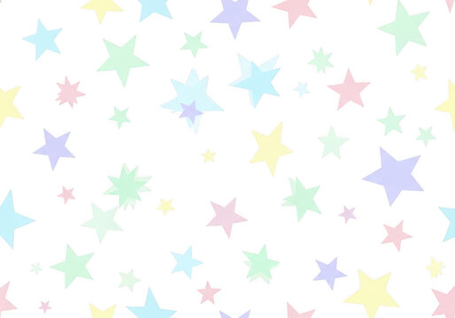 Seamless pattern of hand-drawn pastel stars in pink, blue, yellow, and mint green on a solid black background