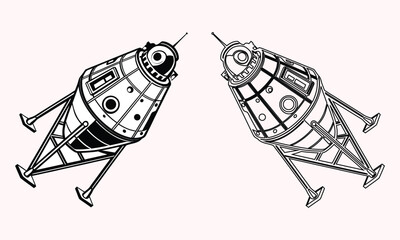 Silhouette and line art illustration of retro futuristic space capsule lander modules, vector graphic icons on a light background. © Nasima