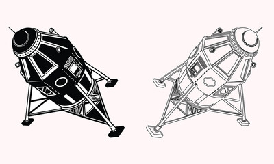 Silhouette and line art illustration of a retro futuristic space capsule or lunar lander module, vector graphic icon on a light background © Nasima