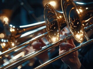 Obraz premium Close-up of a brass trombone section playing in a dimly lit orchestra with warm bokeh lights