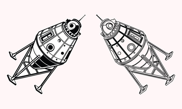 Silhouette and line art illustration of retro futuristic space capsule lander modules, vector graphic icons on a light background.