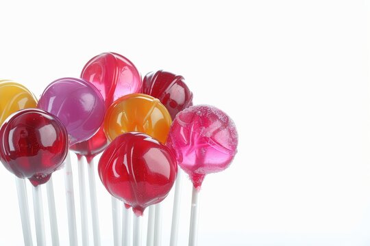 A vibrant bouquet of assorted lollipops, each a swirling sphere of sweet delight, stands ready to satisfy any craving, against a clean white background.