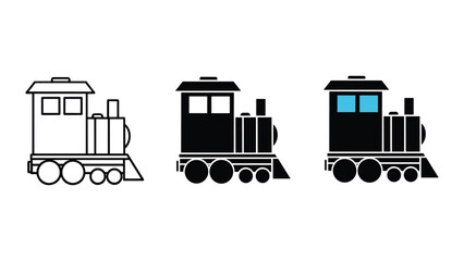 Three locomotive steam train icons in outline solid and flat color design styles for transportation and travel industry websites or logistics applications isolated on white background © viduking