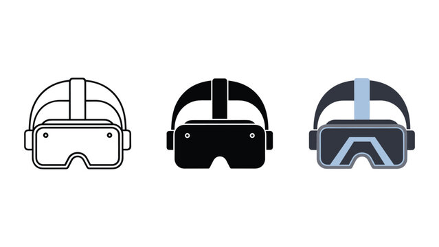 Three virtual reality headset icons in outline solid and flat color design styles for immersive technology and gaming software applications isolated on white background