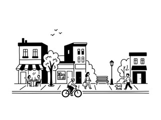 Naklejka premium Urban street scene with people walking and cycling. Minimalist line art of a lively city sidewalk with shops and greenery