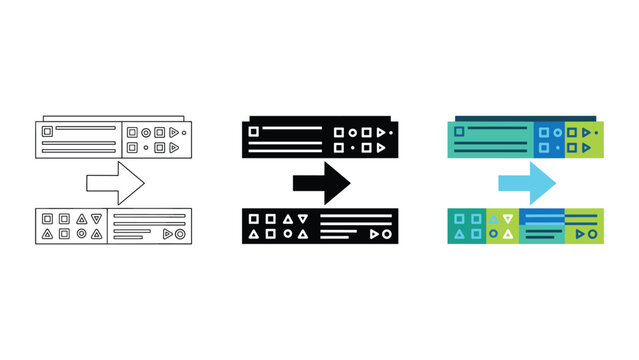 Data conversion and format change icon set with input output and arrow symbol