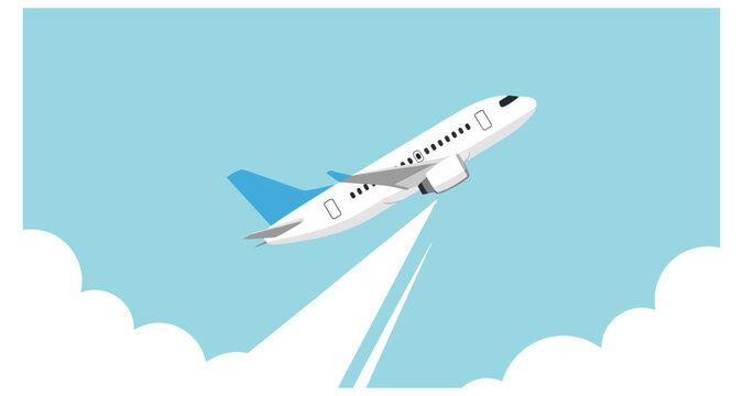 Passenger airplane ascending with contrails on transparent background