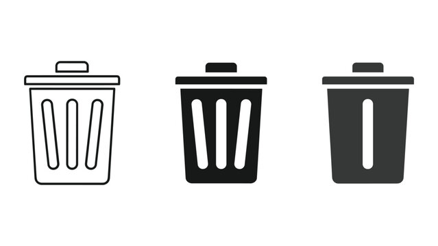 Trash can icon set for file deletion and waste management featuring line art solid and flat graphic design styles